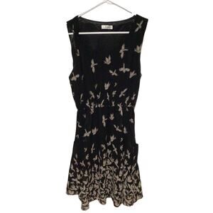 LA Soul Black Beige Bird Print Dress Women’s Size Small Fit & Flare Style